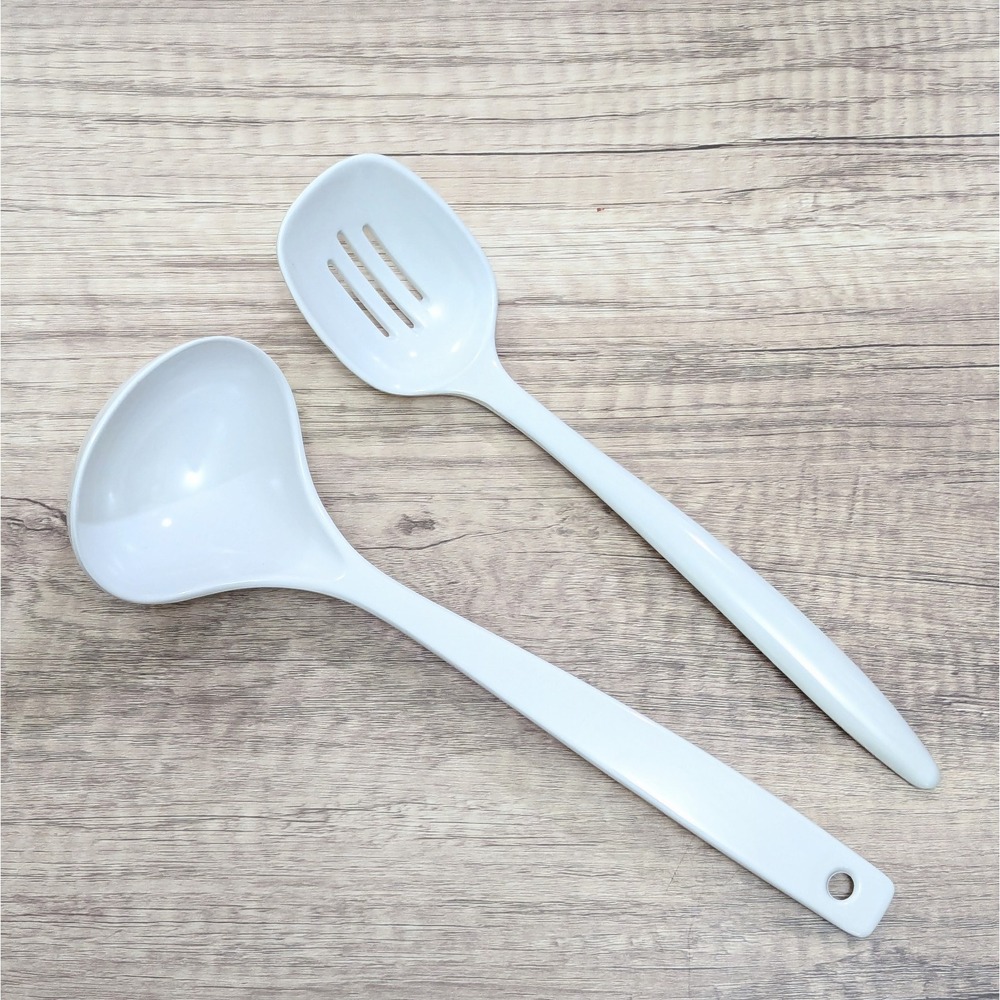Vtg Machi White Melamine Kitchen Utensils Slotted Spoon MC-721 Ladle MC-712 Set